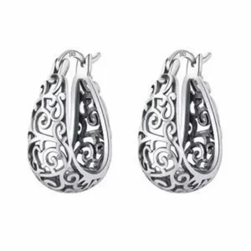 Lace Silver Hoop Sterling silver Earrings Retro Huggie Silver hoop